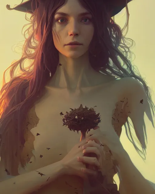 Image similar to highly detailed vfx portrait of a witch, unreal engine, greg rutkowski, loish, rhads, beeple, makoto shinkai and lois van baarle, ilya kuvshinov, rossdraws, tom bagshaw, alphonse mucha, global illumination, detailed and intricate environment