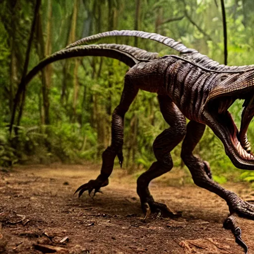 Image similar to Velociraptor dinosaur, walking in the jungle, the velocirapter has blood on its teeth, 8k, professional photography, cinematic shot, dark, smoke