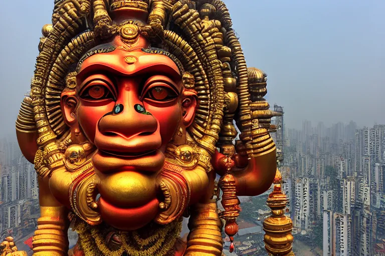 Image similar to high quality 3 d cyberpunk biomorphic hanuman head building in the middle of mumbai!!, kalighat highly detailed, cinematic smooth, stephen shore & john j. park, soft morning light, wide shot, high angle, uhd 8 k, deep focus