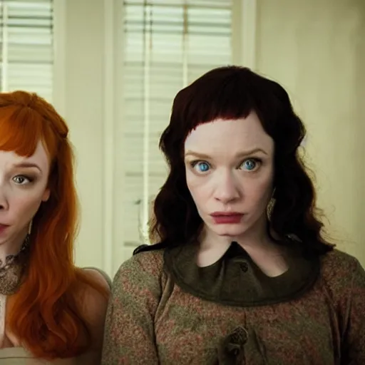 Image similar to a very surprised beautiful Christina Hendricks and her twin sister in the living room, film still from the movie directed by Denis Villeneuve with art direction by Salvador Dalí, wide lens