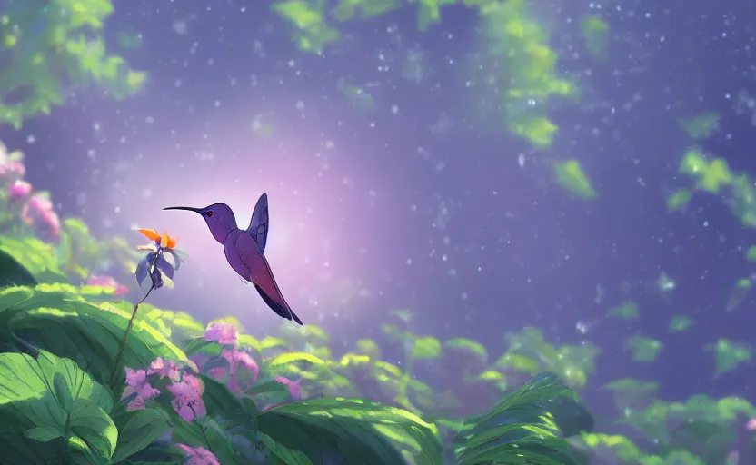 Prompt: a single humming bird in midair, DSLR, anime scenery illustrated by Makoto Shinkai, digital art, 4k