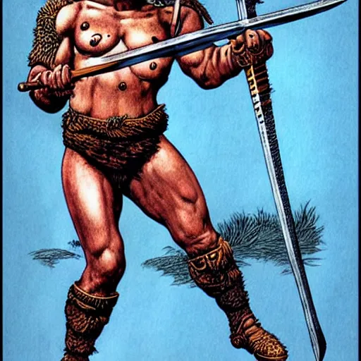 Prompt: barbarian warrior holding sword. Artwork by Richard Corben