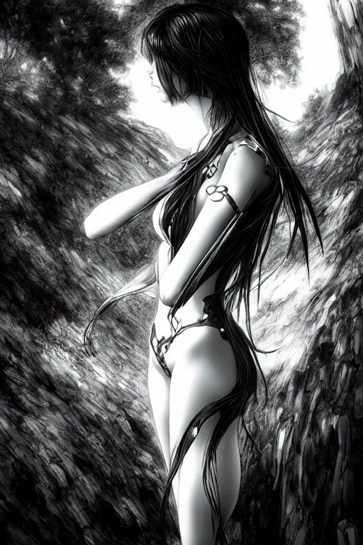 Image similar to a vertical portrait of a character in a scenic environment by Yoshitaka Amano, black and white, dreamy, cybernetic suit, wavy long black hair, highly detailed