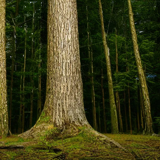Prompt: a slightly phallic tree in the middle of a forest high resolution photograph 8 k