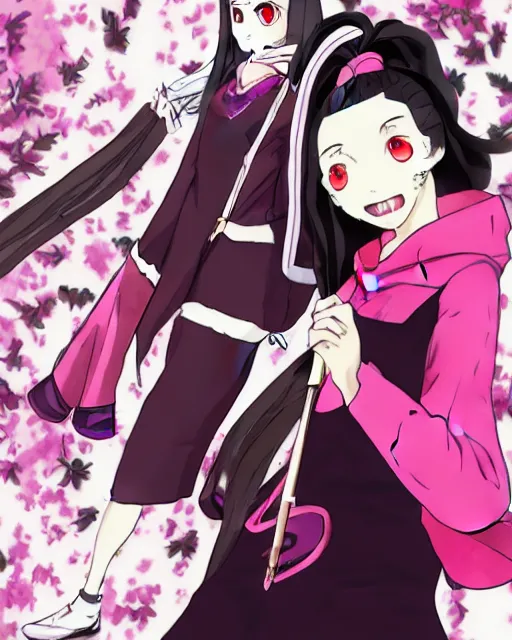 Image similar to Nezuko from 'demon slayer' wearing Balenciaga, art of ‘B.c.N.y.’ and 'Toni Infante' and 'Fan Yang', demon anime girl