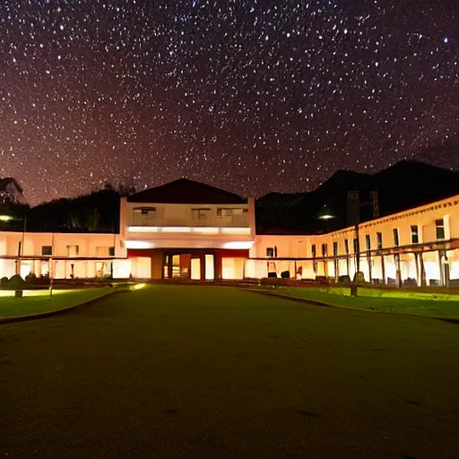 Image similar to Universidad del Quindio with neon lights at night with sky full of stars