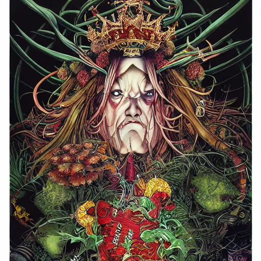 Image similar to portrait of crazy king of hearts with vegetation around, symmetrical, by yoichi hatakenaka, masamune shirow, josan gonzales and dan mumford, ayami kojima, takato yamamoto, barclay shaw, karol bak, yukito kishiro