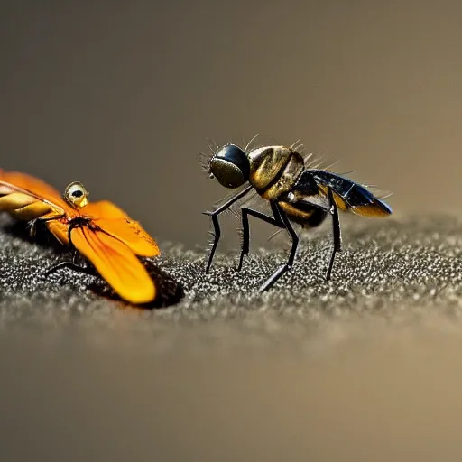 Prompt: kung fu flies fighting with each other, macro, canon eos