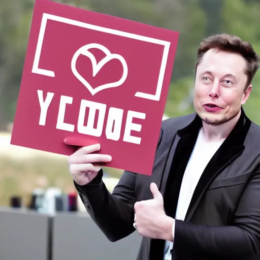 Image similar to Elon Musk holding a sign saying I Love You, highly detailed, high quality, HD, 4k, 8k, Canon 300mm, professional photographer, 40mp, lifelike, top-rated, award winning, realistic, sharp, no blur, edited, corrected, trending