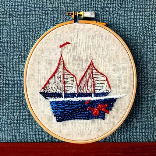 Image similar to a tiny beautiful handmade embroidery of a ship on the ocean. hand embroidery.