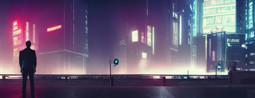 Image similar to shot of the man standing on the roof, looks at impressive cyberpunk city at night during great storm, nightscape, futuristic architecture, realistic photo, neons, blade runner, akira style, cinematic lighting, cinematic angles