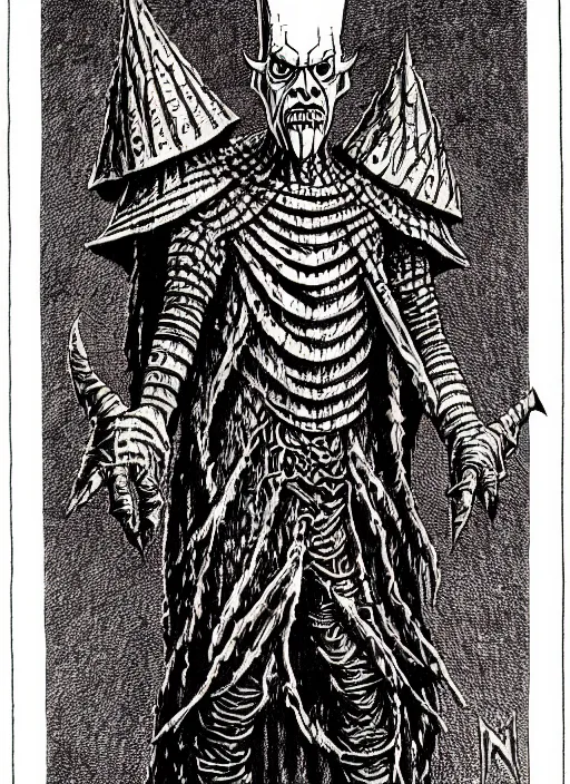 Image similar to pinhead as a d & d monster, full body, pen - and - ink illustration, etching, by russ nicholson, david a trampier, larry elmore, 1 9 8 1, hq scan, intricate details, monster manula, fiend folio