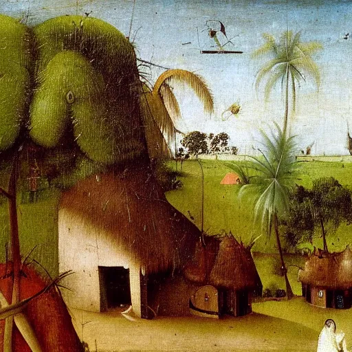 Prompt: painting of a kerala village by Hieronymus Bosch, with some coconut trees and thatched houses