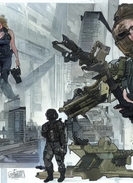 Image similar to Dinah. USN special forces operator looking at city skyline. Futuristic stealth suit. mgs and rb6s Concept art by James Gurney, Alphonso Mucha, matt rhodes, and Sam Hogg.