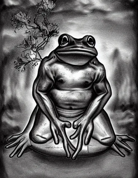 Prompt: a god frog sketch, black and white, artstation, dramatic scenery, masterpiece, aesthetic