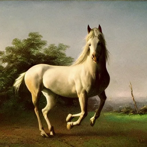 Image similar to a wide angle shot of a horse walking slowly. the scene is detailed and beautiful. the masterpiece painting uses a limited palette of colors, which are applied in a direct and expressive manner. the appearance is flat, with a two - dimensional quality. the composition is rhythmic.