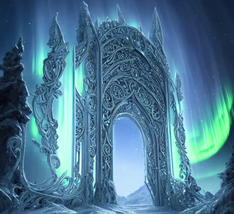 Image similar to a very detailed concept art of intricate and elven white gates to aurora borealis infused with magic, dynamic lighting trending on artstation, symmetry, digital art, 4 k, hyper realistic, octane render, sharp focus