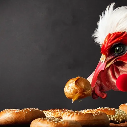 Image similar to telekinetic rooster fighting crime while eating a bagel