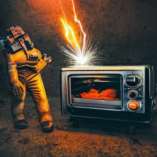 Image similar to cyborg toaster oven repairman, dark messy smoke - filled cluttered workshop, dark, dramatic lighting, orange tint, sparks, plasma rays, cinematic, highly detailed, sci - fi, futuristic, movie still, rule of thirds composition