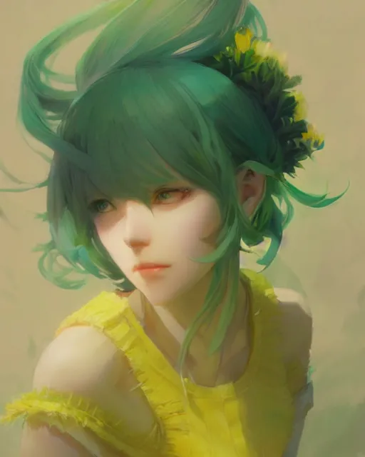 Image similar to girl with green hair and yellow clothing, flower decoration on the background, a beautiful half body illustration, top lighting, perfect shadow, soft painting, art by hidari and krenz cushart and wenjun lin