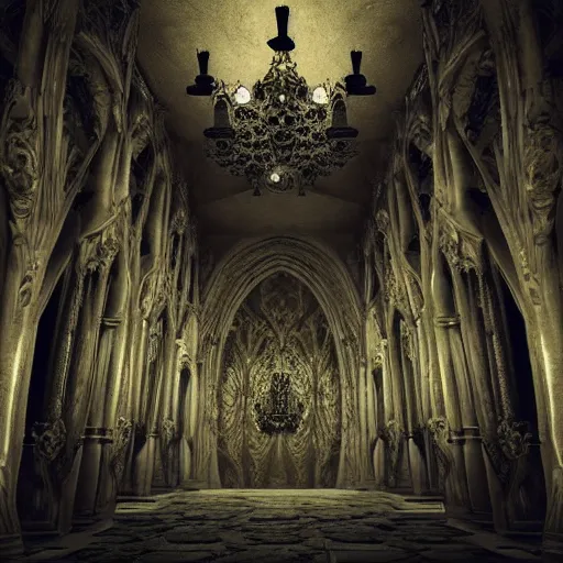 Prompt: large gothic hall with large chandeliers under the ceiling, horror movie, moonlight, artstation, detailed, colorfull, futuristic