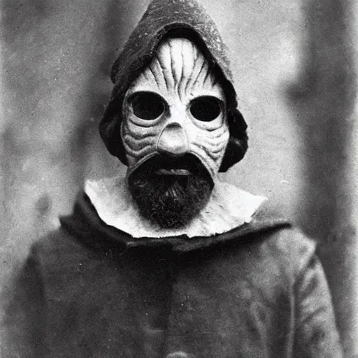 Image similar to hermit alchemist wearing scary headmask made of wood, 1900s photograph