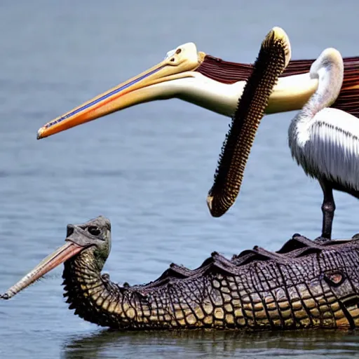 Prompt: a crocodile holding a legendary sword with its mouth, on a river fighting a group of pelicans