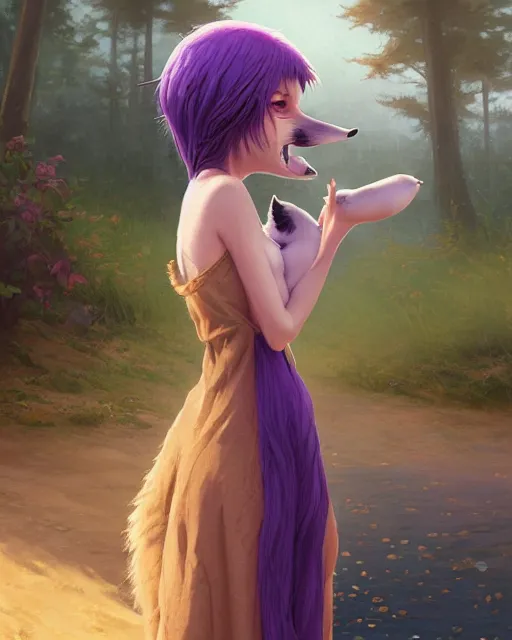 Prompt: an anthropomorphic fox girl with purple hair wearing a simple sundress, this fox has a pronounced snout and two pointed black ears, beautiful lake background, illustration by greg rutkowski, thomas kindkade, loish, artstation, furaffinity, deviantart