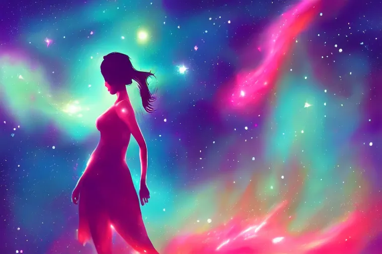 Image similar to silhouette of a girl floating up with limp arms and legs, long hair, she's exploding into incredible stars and nebula, dramatic digital painting, trending on artstation