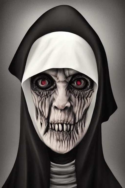 Prompt: fisheye portrait, digital painting, an evil old killer nun, black habit, realistic, hyperdetailed, spooky, chiaroscuro, rimlight, concept art, art by rembrandt