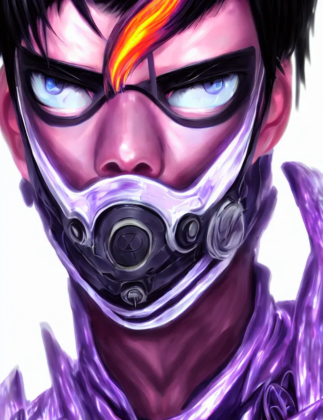 Image similar to a detailed manga portrait of a black haired man with a cybernetic body and face mask with purple fiery streaks, trending on artstation, digital art, 4 k resolution, detailed, high quality, sharp focus, hq artwork, coherent, insane detail, character portrait