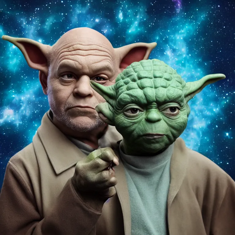 Prompt: a george costanza and yoda hybrid from star wars, high quality portrait photoshoot, bokeh, studio lighting, high fashion photoshoot, nebula space background, 8 k