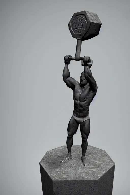 Prompt: the statue in marble of a crossfitter with a mustache holding a dumbell, mattepainting, global illumination, concept Blizzard pixar maya engine on stylized background