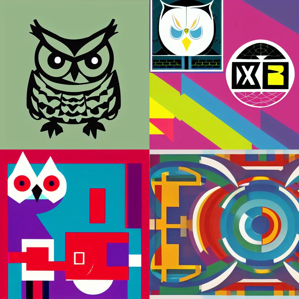 Prompt: A logo of an owl in the bauhaus style, y2k style, created by The Designers Republic, vibrant colors