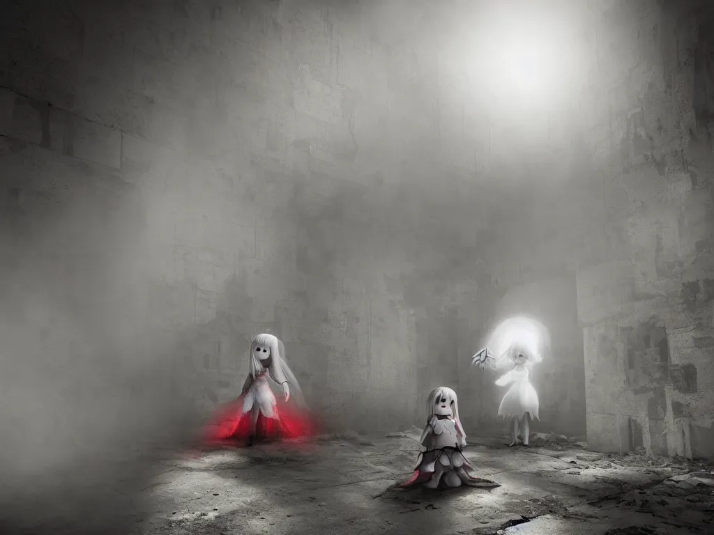 Image similar to cute fumo plush girl ghost in a mysterious concrete wartorn brutalist ruin, ominous bright red spotlight lens flare glow, chibi gothic wraith maiden of the afterlife, dramatic three point lighting, glowing wisps of hazy smoke and volumetric fog swirling about, production volume rendering, vray
