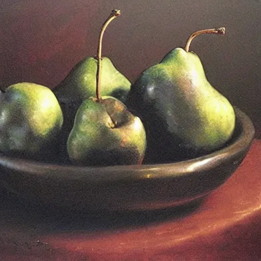 Image similar to table with very very black colored pears, #black pear fruit, ?black pears, !black pears, •black pears painted by rossdraws, greg rutkowski, thomas kindkade