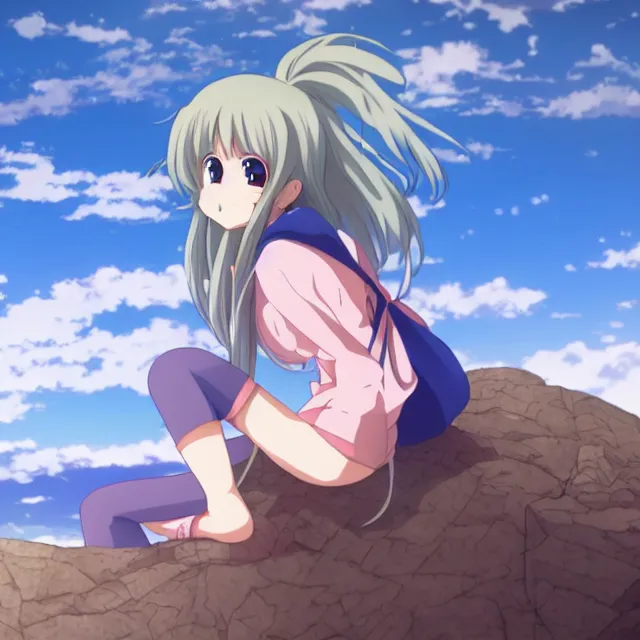 Image similar to An anime girl sitting atop a mountain, overlooking a vast kingdom, an anime still by Madhouse Animations