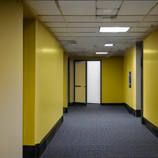 Image similar to Obama lost in the backrooms, old moist carpet, mono-yellow, fluorescent lights, randomly segmented rooms, eerie