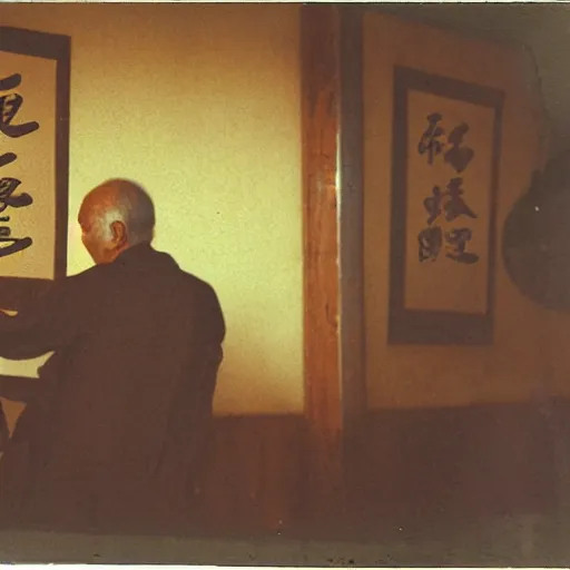 Prompt: an oldman, smoking, in a bar, chinese painting, polaroid, wide angle