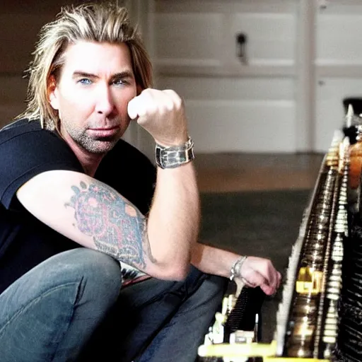 Prompt: chad robert kroeger of nickelback looking at a mystery object