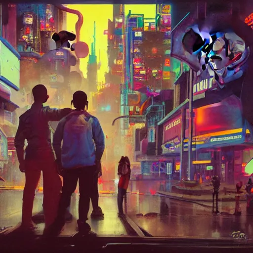 Image similar to a group of people standing around a mickey mouse, cyberpunk art by drew struzan, cgsociety, sots art, dystopian art, reimagined by industrial light and magic, concept art