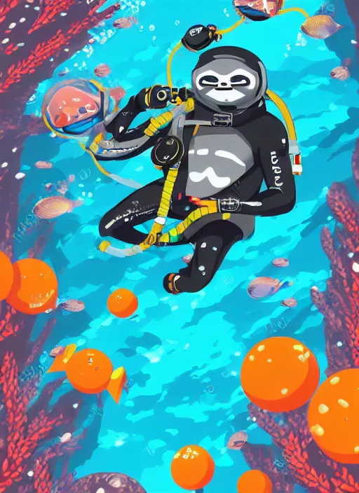 Image similar to Sloth scuba diving. In anime style. Explosions, tilt and orange, ultrawide angle, panoramic, fish eye, colorfull illustration