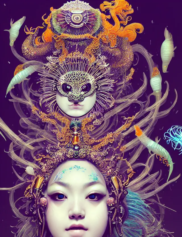 Prompt: goddess macro close - up portrait with crown, ram skull. beautiful intricately detailed japanese crow kitsune mask and clasical japanese kimono. betta fish, jellyfish phoenix, bioluminescent, plasma, ice, water, wind, creature, artwork by tooth wu and wlop and beeple and greg rutkowski