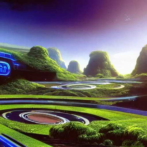 Prompt: beautiful matte painting of green gardens with roads on a futuristic sci-fi space station, cinematic angle, cinematic lighting, blue sky, by Syd Mead, John Harris, Federico Pelat