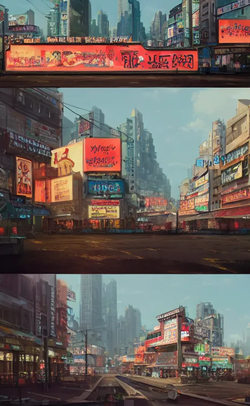 Image similar to A highly detailed matte painting of Buildings with Billboards and neonsigns by Studio Ghibli, Makoto Shinkai, by Artgerm, by WLOP, by Greg Rutkowski, volumetric lighting, octane render, 4K resolution, trending on artstation, masterpiece