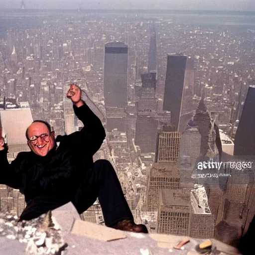 Image similar to a closeup a very drunk evil Rudy Giuliani squatting smiling wearing black thog underwaer while covering himself with rubble sensully on top of the world trade center rubble pile in new york