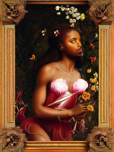 Image similar to jasmine tookes, the goddess of love : : background of roses, myrtle, doves : : rococo, academicism, hyperreal