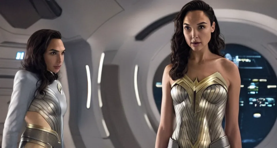 Image similar to Gal Gadot, in full starfleet uniform, is the captain of the starship Enterprise in the new Star Trek movie