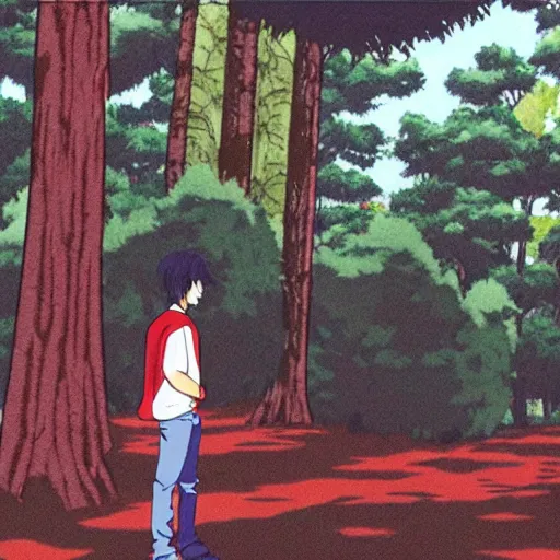 Image similar to a still of a 90s OVA of a man with black hair wearing a red shirt in a forest