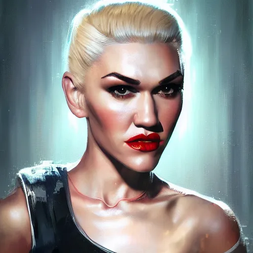 Prompt: portrait of gwen stefani with cybernetic face alterations by greg rutkowski, young, manly, attractive, strong, older brother vibes, highly detailed portrait, scifi, digital painting, artstation, concept art, smooth, sharp focus ilustration, artstation hq